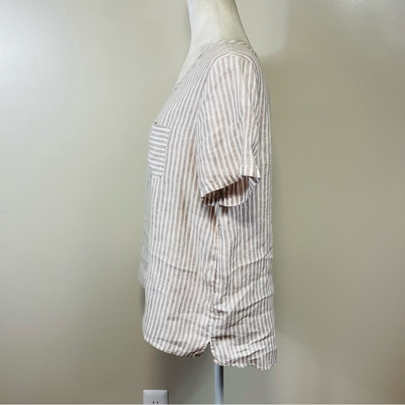 TAHARI 100% Linen Tan & White Striped Short Sleeve pocket Top - SMALL - Picture 5 of 7